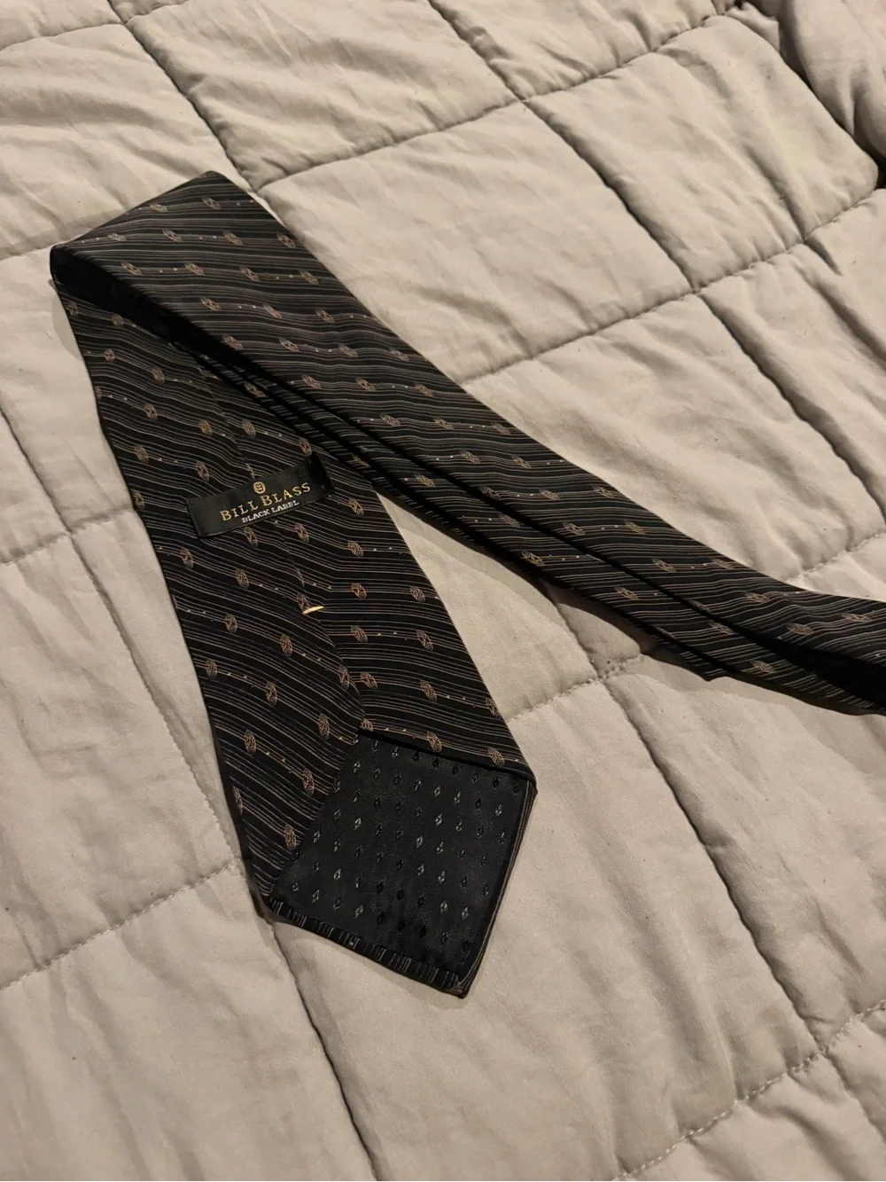 bill blass Black Silk Tie with Subtle Tan Stripe Pattern